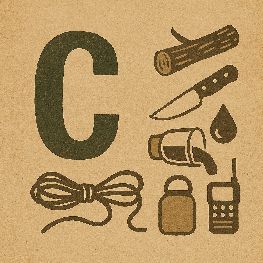 Illustration of the survival Cs: cutting tool, container, cover, cordage, communication, and fire